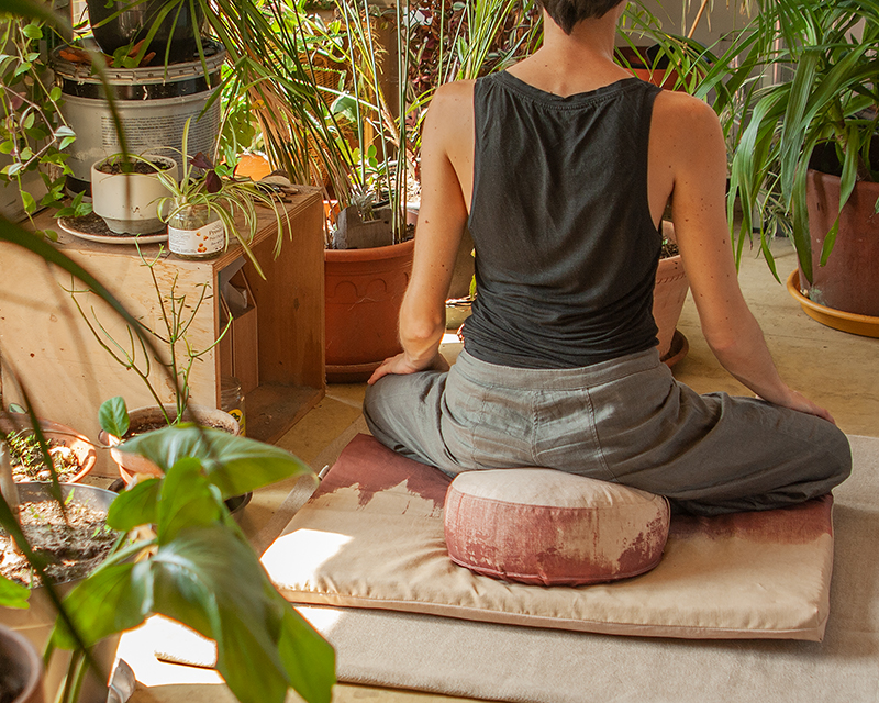 méditation sur zafu et zabuton rouges dans un intérieur avec des plantes vertes