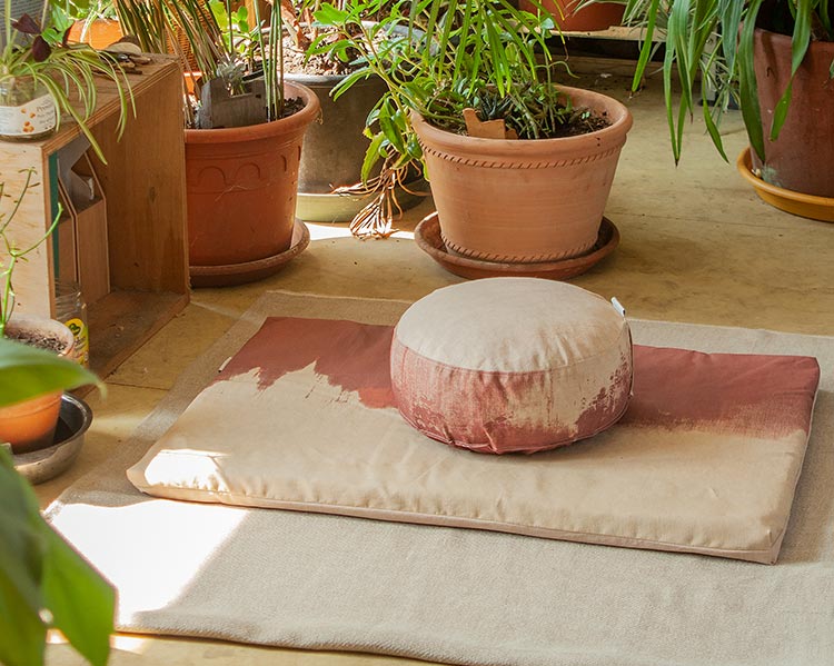 zabuton et coussin de méditation dans un intérieur verdoyant pour travailler le chakra couleur rouge